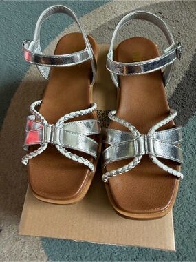 MIA Metallic Silver Bow Braided Ankle-Strap Sandals